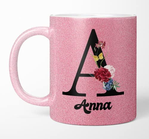 TassenTicker Tasse à café à paillettes avec votre lettre initiale et nom, tasse à café, paillette, personnalisée, cadeau d'anniversaire, pour femme, imprimée des deux côtés (rose)