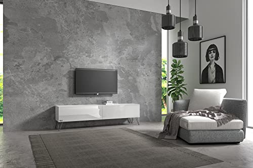Wuun® TV-Board Lowboard Wohnwand TV-Bank Somero / 180cm /Weiß-Hochglanz/Haarnadel Chrom