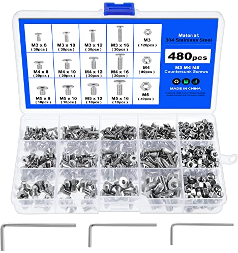 HSEAMALL 480PCS M3 M4 M5 Edelstahl Flachkopfschrauben mit Innensechskant, Sechskantschrauben mit Innensechskant, Senkkopfschrauben und Muttern für Industrie, Elektronik, Haushalt, DIY