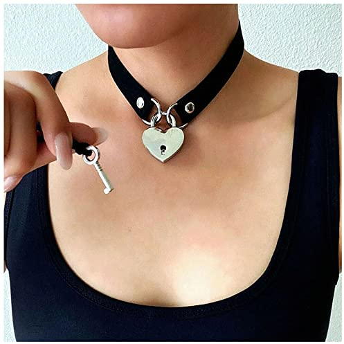 Dishowme Halskette mit Vorhängeschloss aus Leder Herz-Halskette mit Schloss und Schlüssel Punk Katze Kätzchen Lolita-Kette Schmuck für Frauen Mädchen (Schwarz)