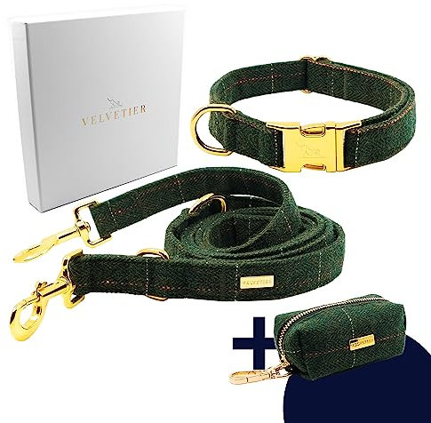 VELVETIER® Oxford | Halsband Hund im Set mit Leine & Beutelspender | Grünes British Tweed | Hunde Halsbänder, Hundehalsband | Hundeleine 2m, Hundeleine mit Halsband (M/L: 39-59cm)