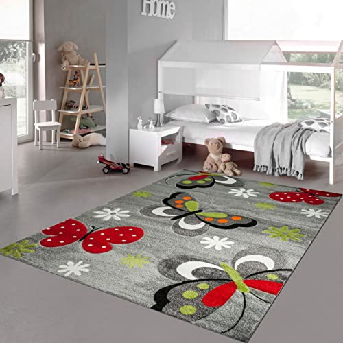 Teppich-Traum Kinderzimmer-Teppich mit niedlichen Schmetterlingen - lebendig & robust - grau, 200 x 290 cm