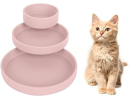 Lollanda - Feeding Bowl for Cats, Set of 3, Silicone Feeding Bowl, Oval Drinking Bowl, Wide Silicone Bowl for Dry Food and Wet Food (Pink)