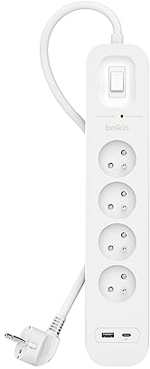 Belkin Multiprise parafoudre avec USB 4 Prises (Montage Mural, Cordon d'alimentation de 2 m, Voyant Lumineux Vert, 1 Port USB-C et 1 Port USB-A, Recharge Rapide PD, Protection jusqu'à 525 Joules)