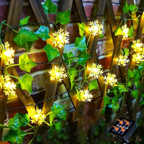 XVZ Catena di luci solari per esterni, 30 LED, 5 m, con fiocco di neve, a energia solare, per esterni, impermeabile, con 8 modalità di illuminazione per giardino, albero, Natale e feste, bianco caldo