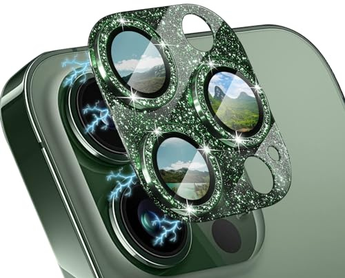 WoPail Protecteur d'Objectif de Caméra pour iPhone 13 Pro/13 Pro Max, Glitter Femmes Caméra Arrière Protecteur Film Dureté 9H Verre Trempé Protecteurs pour iPhone 13 Pro/13 Pro Max - Vert