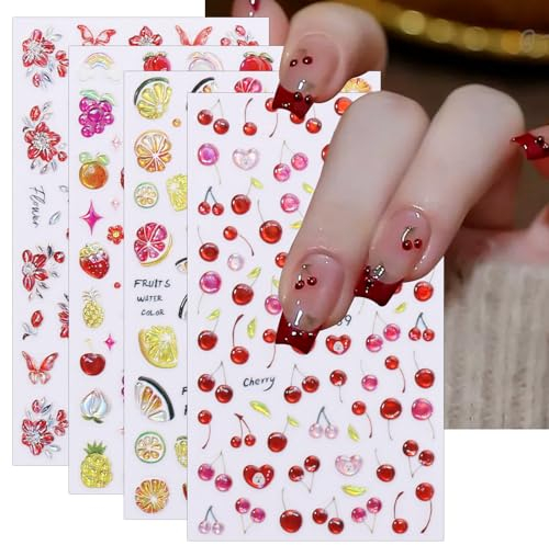 jmeowio 3D Nagelsticker Frucht Kirsche Zitrone Nail Art Sticker Selbstklebend Nagelaufkleber 5D Stereoskopisch Frühlings Sommer Blumen Dekoration Nageldesign Zubehör 4 Blatt