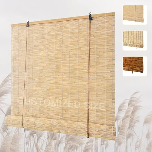 Lsjoaw Bambus Raffrollos Bambus Rollo Schalousien Bambus Natürliche Seitenzugrollo Retro Natural Schilf Vorhang Blickdicht Raffrollo aus Schilf Sonnenschutzrollos Bastrollo Jalousie Holzfarbe+Weiß