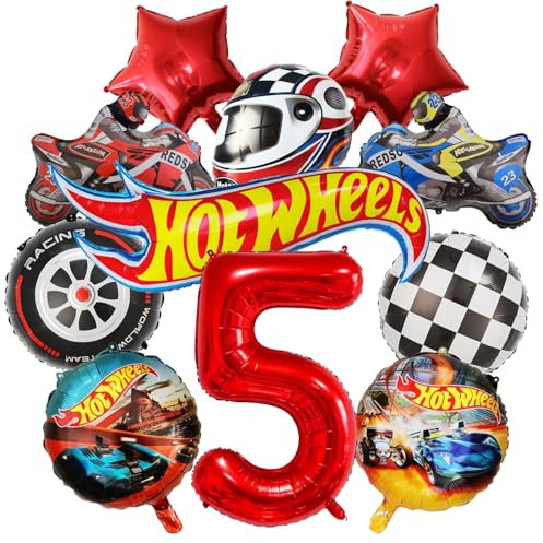 cars geburtstagsdeko, 11PCS Rennwagen Folienballons 5 Jahre Junge Helm, RennautoBallons, Motorrad, schwarz-weiß karierte Rennauto Folienballons Set