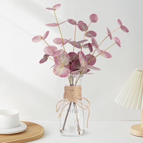 WOHSEROM Artificial Eucalyptus Stems in Glass Vase with Faux Water, 15 Small Bathroom Greenery with Double-Sided Red Leaves, Farmhouse Office Decor, Realistic Fake Plant Wedding Centerpiece