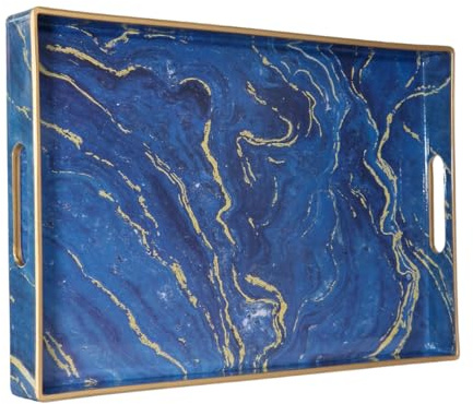 Heaven4you Blue Marble Serving Tray 40x26cm Gold Trim Handles Ottoman Bed | 40x26cm navy and gold marble effect, raised rim, cut-out handles. Wipe-clean, food-safe. Ottoman, bed, vanity, kitchen