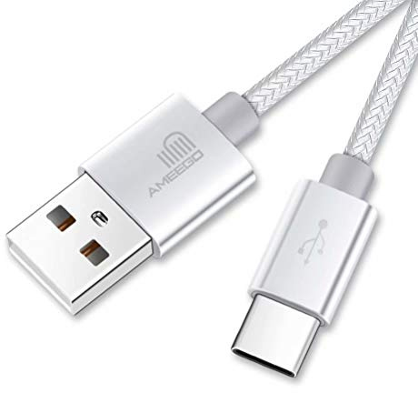 ameego 6.6ft Nylon Braided USB C 3.1 Sync & Fast Charging Cable for Samsung, HTC, Nokia, Sony, Nintendo Switch, and More Device with Type C Reversible Connection - White