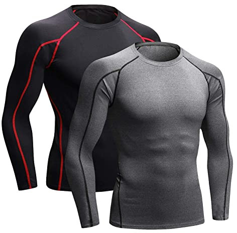 Niksa 2 Pack Long Sleeve Running Tops Mens,Base Layers Compression Top T-Shirts,Quick Dry Wicking Gym Athletic Training Workout Tee Shirts(Black&Gray,XXL)