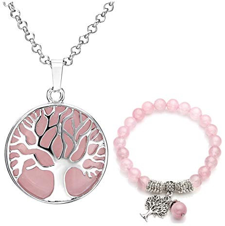 Jovivi Pendentif Collier Pierre Quartz Rose Naturelle Retro Arbre de la Vie + Bracelet 8mm en Alliage Pierre Precieuse d'Energie Rond Argent Accessoire Cadeau Bijoux