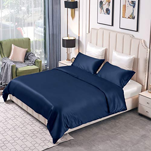 THXSILK 25 Momme Seidenbettwäsche Set 3 teilig, Bettbezug 240 x 220 cm und 2 Kissenbezüge 40 x 80 cm, Hypoallergen Maulbeerseide Bettwäsche Set, Ultra Weich und Glatt, Marineblau