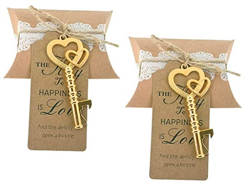 ALIMITOPIA - Set di 50 apribottiglie, a doppio cuore, con scatola di caramelle e corda di iuta (color oro)