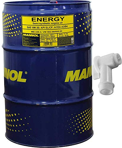 60L MANNOL Energie Motoröl 5W-30 API SL 502.00 505.00 MB229.3 inkl. Auslaufhahn SAE SL/CF ACEA A3/B4 MB 229.3 502.00/505.00