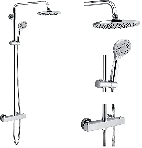 Duschsystem mit Thermostatbatterie Duscharmatur Regendusche Brausegarnitur Verstellbar Brausehalter Duschstange Runde Kopfbrause Handbrause Duscharm Dusch-Komplettset Chrom Quadratischer Griff
