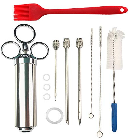 Various HK Marinadenspritze Bratenspritze Set 60 ml/2oz BBQ Bratenspritze Kunststoff mit 3Fleischnadeln+4O-Ringe+3Reinigungsbürste+1SilikonbürstenFür BBQ Grill Marinade Fleisch Rind Huhn Gebäck