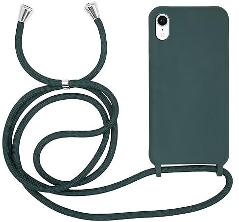 MyGadget Strap Case for Apple iPhone XR - Crossbody Phone Cover - TPU Silicone Case with Neck Holder - Cord Lanyard Carrier with Rope in Dark Green