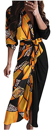 AMhomely Summer Maxi Dress: 3/4 Sleeve Tunic, Button Down, Tie Waist, V Neck Slit, Party/Wedding Dress