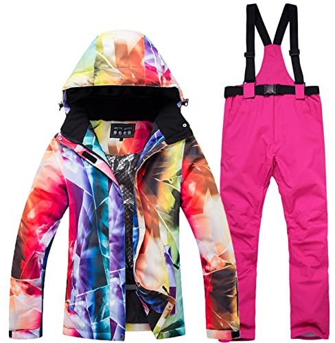 WYOUTDOOR Skianzug für Damen, Winterjacke und Skihose, bunt, Snowboard, Jacke und Hose mit Trägern, wasserdicht, mit Kapuze, Schneeanzug, Rose Red, L