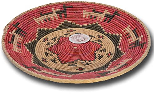 WEIDENPROFI TribalArt Schale rund, Aufbewahrungskorb indianisches Design, Obstschale, Handarbeit Dekokorb Ø 30-35 cm, Motiv: Dackel, Stern - Farbe: Koralle