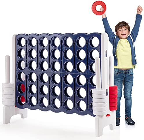 GYMAX Giant 4 in a Row Game, Jumbo 4 to Score Games with 42 Rings & Quick Release Slider, Indoor Outdoor Four in a Row Game for Kids Adults (Navy Blue)