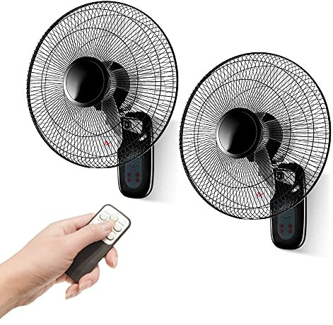 16 inch Wall Mount Fan with Remote Control - 2 Pack, 3-Speed and 3 Modes, Timer Function, Adjustable Head, Oscillating Fan for Home and Office - Black