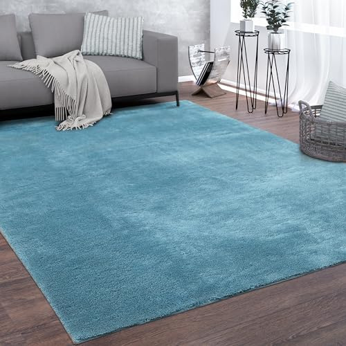 Paco Home Teppich Wohnzimmer Kurzflor Weich rutschfest Modern Einfarbiges Muster blau Türkis, Grösse:160x220 cm