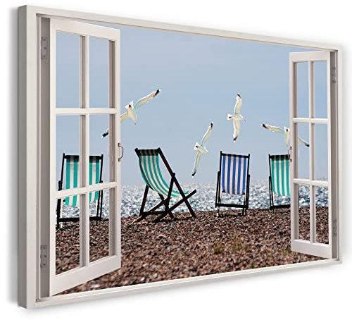 Printistico Bilder Fensterblick 120x80cm Baumwoll-Leinwand auf Keilrahmen mit Aufhänger moderner Kunstdruck XXL Wandbilder Wand-Dekoration Liegestühle am Meer Möwen Strand Urlaub - Natur-Fotografie