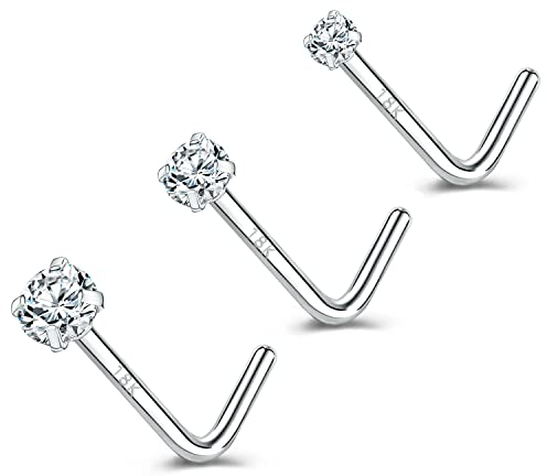 ZS 18 Karat Echtgold 20G Nasenringe für Frauen Männer, 1.5mm 2mm 3mm CZ Simulierter Diamant, 7mm Nasenstecker Nase Piercing Körperschmuck (Weiß,L-Form)