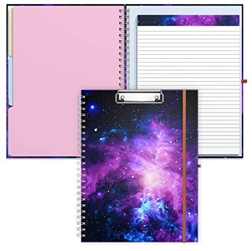 Rimilak Spiral-Klemmbrett, mit nachfüllbarem, liniertem Notizblock, 36,7 x 24,8 cm, Hardcover-Klemmbrett mit 5 Innentaschen, Gummiband und Stiftschlaufen-Serie Niedliches, stilvolles Clipfolio, Galaxy