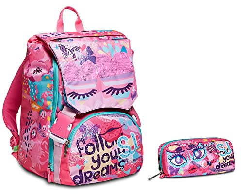 SJ Gang SJ Rucksack, Schulranzen für Grundschule,Erweiterbarer Schulranzen,Geräumige Schultasche für Mädchen und Jungen, rosa/Muster, mit Flip-System Face Stifthalter, Rosa, Schule & Freizeit