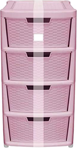 Large Pink Plastic Rattan 4 Drawer Storage Tower Unit Chest Office Home School