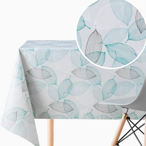 KP Home Vinyl Tischdecke Abwaschbar Türkis Blaugrün Blätter Rechteckige PVC Tischdecke 300x140 Helle Grau Wachstuchtischdecke Wasserabweisend Blattmuster Wachstuch Pflegeleicht Wachstischdecke Outdoor