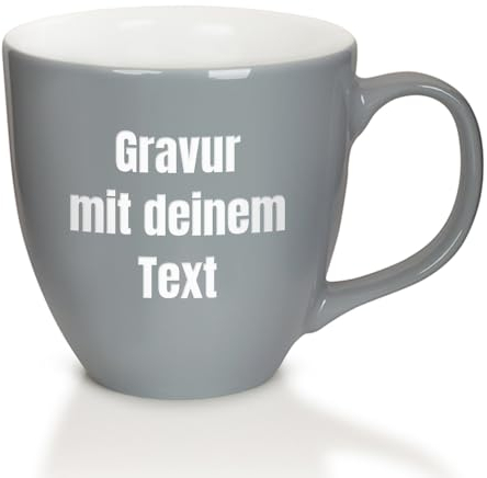 Mahlwerck XXL Jumbotasse, Große Porzellan-Kaffeetasse mit hoch-glänzender Oberfläche, 400ml, Rocky Grey, 3 Zeilen graviert, Links vom Henkel