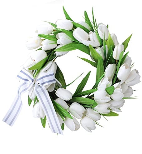 13.8 Inch Small Artificial White Tulip Flower Wreath Silk Spring Front Door Wreaths with White Tulips and Bow Faux Tulip Floral Welcome Wreath for Window Wall Wedding Decor/133 ( Color : White , Size