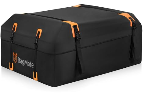 BAGMATE Dachgepäckträger für Auto, 430 L (15 Cu. Fuß), Militärqualität, wasserdicht, 4 Kubikmeter, mit 4 Türhaken, Schnallenverschluss, Schwarze Dachtasche für Autos mit oder ohne Gepäckträger