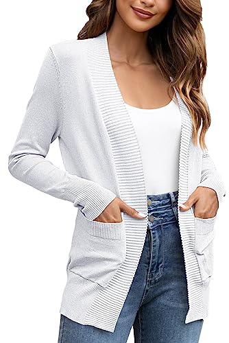 Giacca da donna in tinta unita in cotone tinta unita con tasca cardigan esterno maglione cardigan maglione lungo spolverino per le donne, bianco, XL