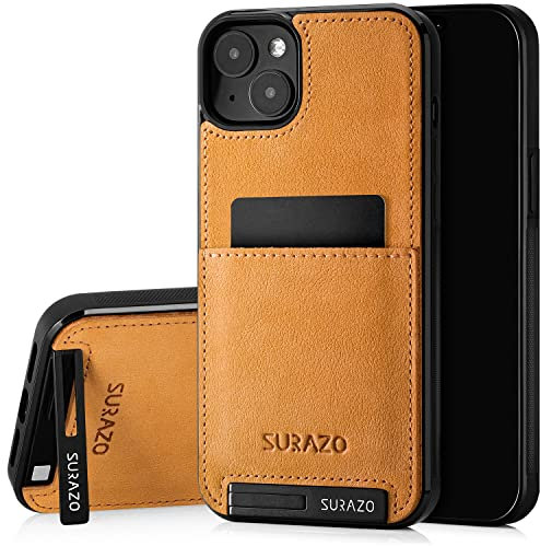 SURAZO Genuine Leather Back Case for Apple iPhone 15 Plus Case - Shockproof Leather Mobile Phone Case Cover with [Card Slot, Stand Function, Keychain] Vintage Slim Bumper Protective Case (Camel)