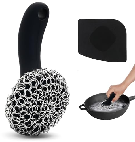 Cast Iron Scrubber with Long Handle | 316 Cast Iron Cleaner Chainmail Scrubber for Cast Iron Pan Skillet Cleaner - Dish Scouring Pad Dishwasher Safe Cleaning Kit (Black, 1 Scrubber + 1 Scraper)