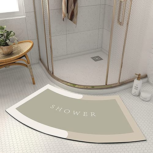 PRELGOSP Tapis de Douche Angle, Antiderapant Tapis de Bain Arrondi en Forme de Secteur, Super Absorbant Diatomite Tapis Salle de Bain Quart de Cercle, Lavable en Machine,Kaki,40x75cm