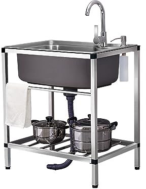 Fregadero de acero inoxidable de grado industrial para catering – independiente para mesa de comedor con grifo y desagüe – perfecto para cocina, lavandería, garaje