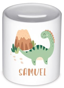 minimutz Spardose Kinder mit Namen personalisiert – Sparbox Dino Jungen Mädchen – Runde Keramik Sparbüchse 8x9.5 cm – Geschenkidee Taufe Geburt Weihnachten Geburtstag