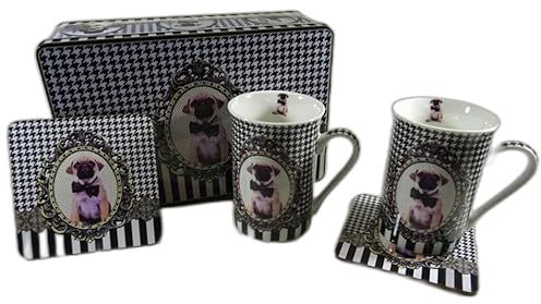 5er Set Mops Hund Geschirr, 1 Dose, 2 Tassen, 2 Untersetzer - Tee Kaffee Becher Tischdeko Deko GTT J021