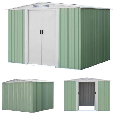 HOMASIS 4.75 ㎡ Cobertizo Metálico Galvanizado para Herramientas, Cobertizo de Jardín Exterior con Puertas correderas y tejado a Dos Aguas, Resistente a la Intemperie,8.34 m³, Verde