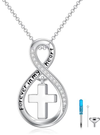 ROMANTICWORK Urnenketten für Asche 925 Sterling Silber Kreuz Asche Anhänger zum Befüllen Unendlichkeitszeichen Urne Halskette Einäscherung Andenken Schmuck für Damen