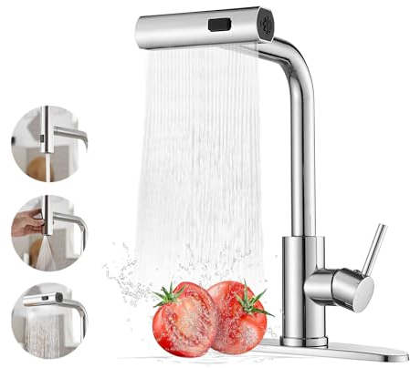 Robinet de Cuisine Cascade, Rotatif à 360° Mitigeur Cuisine avec Douchette, à Haute Pression avec Levier Unique et 3 Modes de Pulvérisation, Acier Inoxydable,argent électrolytique