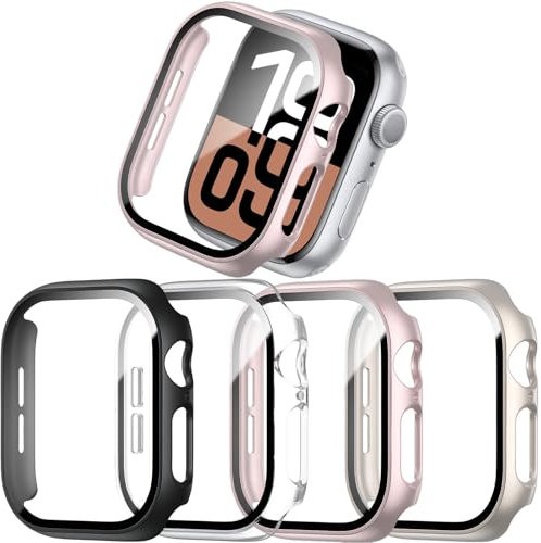JZK 4-Stück Schutzhülle für Apple Watch Series 10 46mm, 2024 Hart PC Ultradünne Gehäuse Hülle Eingebaut Kratzfest Gehärtetes Glas Schutzfolie für iWatch 10 46mm